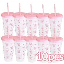 1pc/5pcs Set, Large Capacity Reusable 700ml Plastic Cup With Lid And Straw, Bow Pattern, Summer Juice Cup, Suitable For Parties, Weddings, Events And Holidays, Great For Gift-Giving - Multicolor - View 9