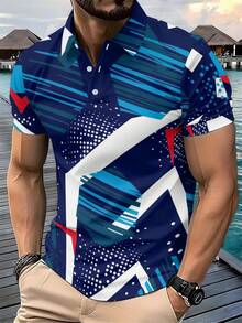 Men's Sportswear, Printed Polo Shirt, Collared And Buttoned Design, Knitted Fabric, Machine Washable, Comfortable And Breathable, Suitable For Outdoor Activities And Daily Commuting. - Multicolor - View 1