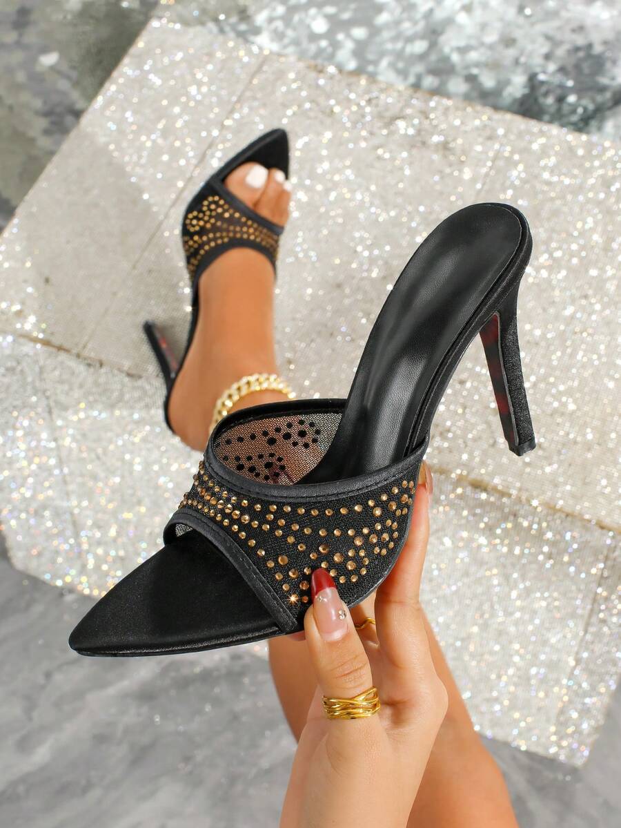 Sandalias de tacón alto con punta puntiaguda y malla para mujer, elegantes, románticas, cómodas y versátiles - Negro - Ver 1