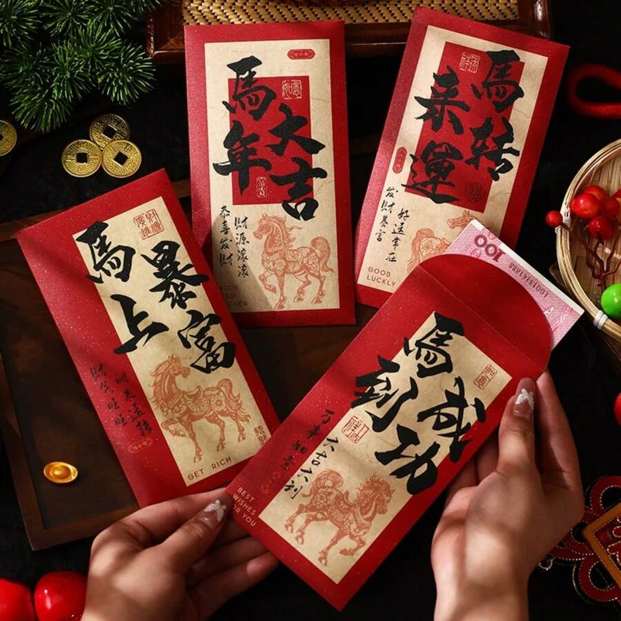 6个/套 吉祥汉字图案红包，农历新年压岁钱，春节祝福红包，适合装卡片/票券，新年惊喜礼物