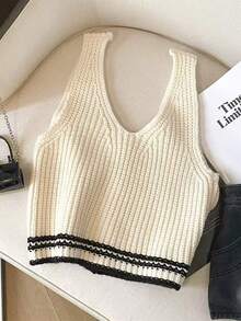 Retro Single-Breasted Striped Contrast Color Layered Casual Versatile Knit Vest Summer - Apricot - View 2