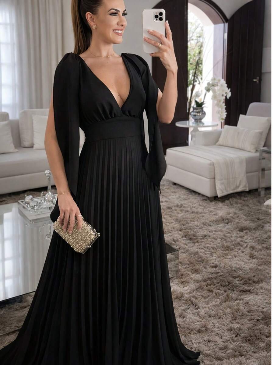 Elegant Casual Tie Back Pleated Formal And Evening - 黑色 - 查看 1