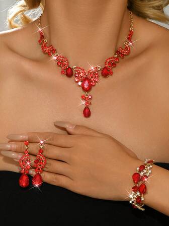 4pcs/Set Vintage Jewelry Set, Including Earrings, Necklace, Bracelet, And Crystal Inlay, Is The Perfect Choice For Birthday, Wedding, Or Party Gifts