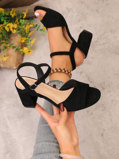 2026 Summer New European And American Fashion Plus Size Faux Suede Thick Heel Buckle Strap Open Toe High Heel Sandals For Women