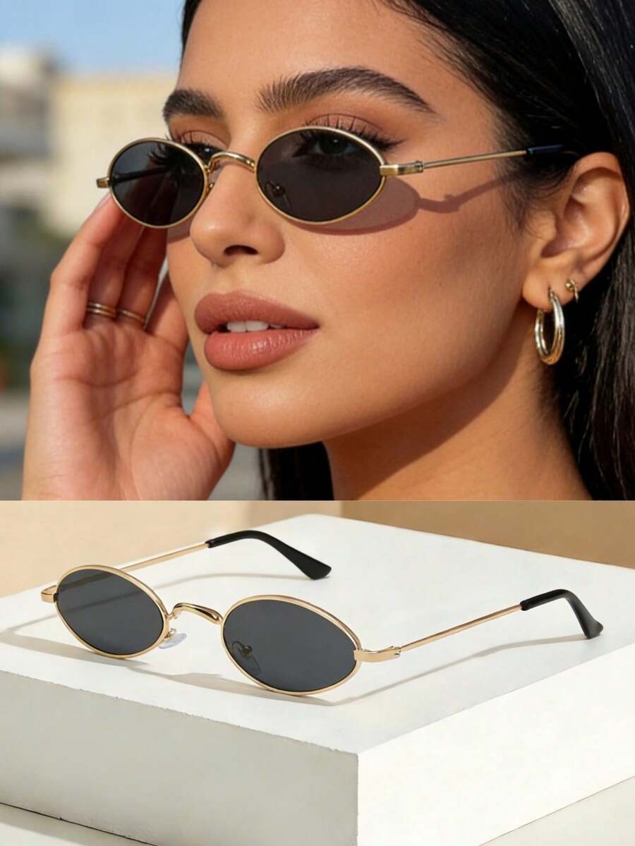 1pc Oval Metal Fashion Glasses, Metal Frame, Suitable For Daily Wear - Gold - View 1