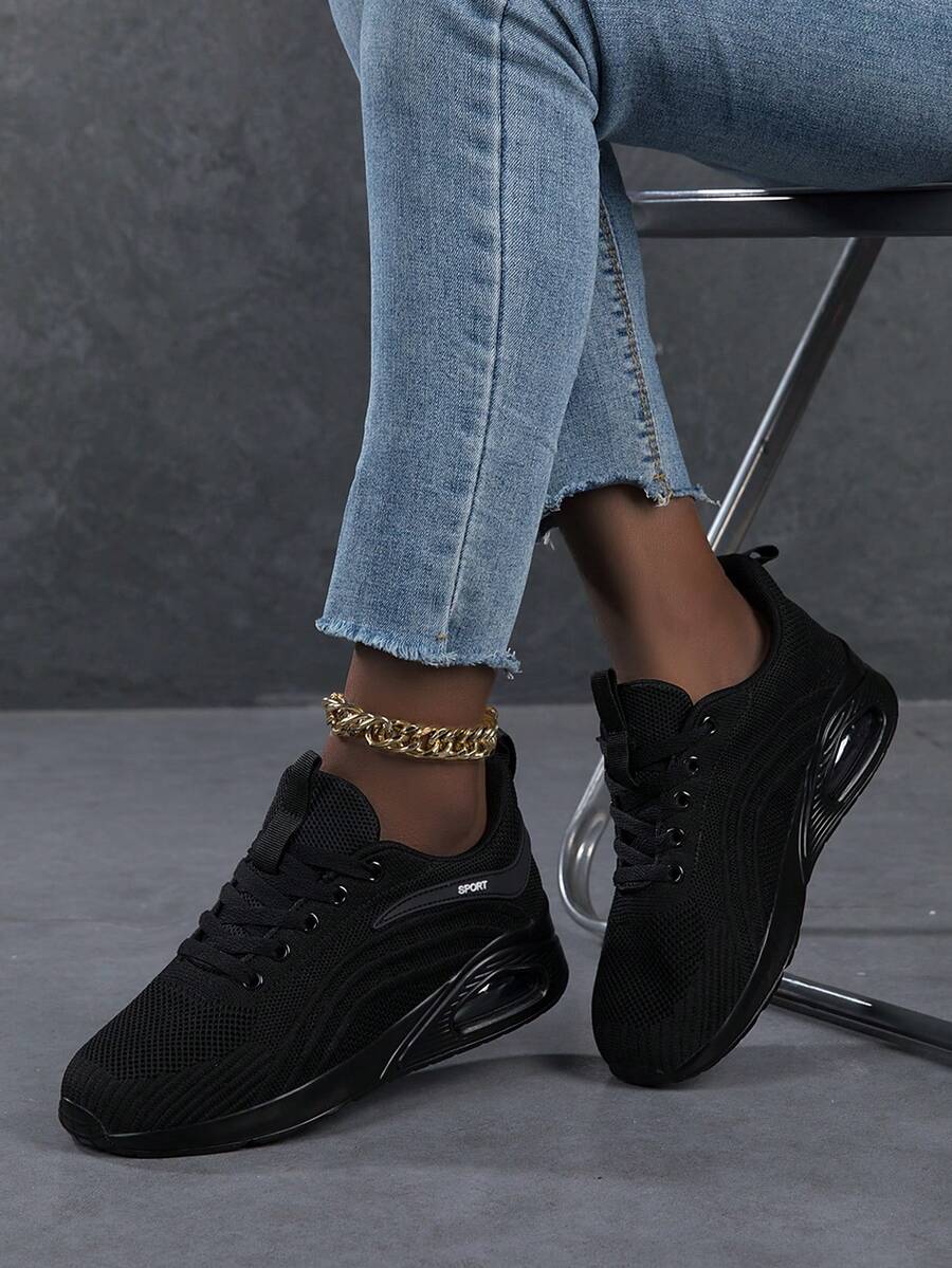 Women's Cushioned Shock-Absorbing Comfortable PU Sole Running Shoes, Minimalist Mesh Upper Black Soft Bottom Breathable Athletic Sneakers - Black - View 1