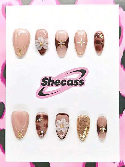 10pcs Handmade Press-On Nails, Almond Shape, Medium Size, Brown Color, 3D Nail Art Decor, French Leopard Floral Pattern, Includes 3 Nail Tools, Nail Glue & Accessories, Suitable For Women & Girls For Party, Travel, Daily Wear, School, Summer, Vacation, Music Festival Nail Supplies