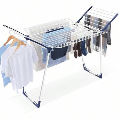 Étendoir à linge, étendoir à linge à ailes de mouette, étendoir à linge pliable avec pinces à chaussettes, pour linge de maison/extérieur, vêtements, robe, 49,5 x 22,3 x 44,6 pouces, blanc et bleu