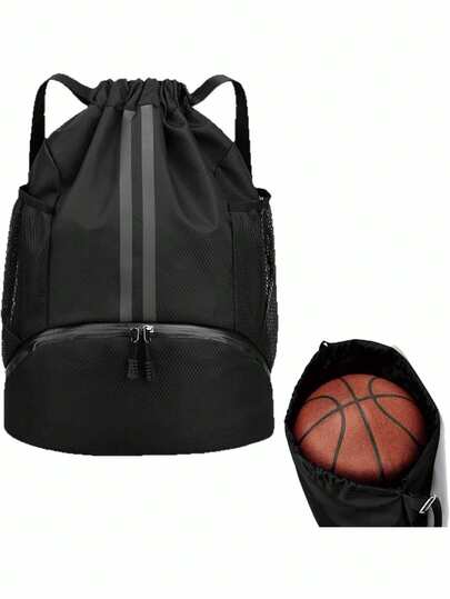 Drawstring Backpack - Men's And Women's Waterproof Fitness Bag With Shoe Compartment,Waterproof Drawstring Gym Bag With Wet Dry Separation, Black Sports Backpack For Swimming, Basketball,Soccer
