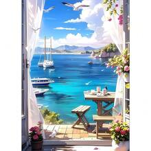 GDYEEH DIY 5D Sea View Room Diamond Art Painting Kits, Flowers Full Round Drill Sparkling Diamond Painting Picture, Boat Diamond Painting Art Craft Kits For Adults Beginners, Home Wall Decor 12x16inch - USGD068 - 查看 1
