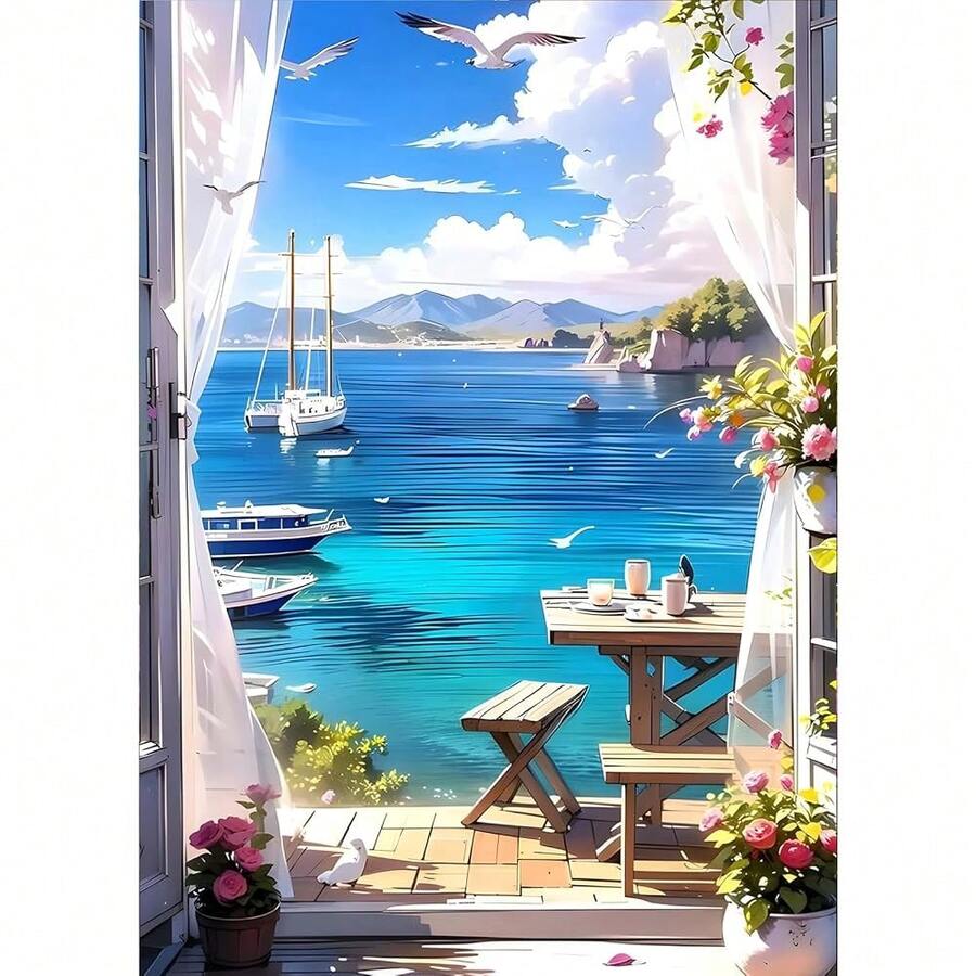 GDYEEH DIY 5D Sea View Room Diamond Art Painting Kits, Flowers Full Round Drill Sparkling Diamond Painting Picture, Boat Diamond Painting Art Craft Kits For Adults Beginners, Home Wall Decor 12x16inch - USGD068 - 查看 1