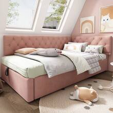 Single Bed 90x200cm, Sofa Bed With Hydraulic Storage, Velvet, Without Mattress, Multicolour Optional. - Pink - View 3