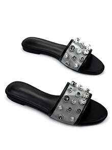 女士时尚撞色铆钉水钻网眼装饰黑色PU材质舒适圆头平底拖鞋，适合日常穿着和派对场合