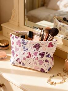 1 Peça Bolsa Cosmética Portátil com Estampa de Coração Impressa Dos Dois Lados, Organizador de Maquiagem com Zíper para Viagem, Nécessaire Multiuso para Armazenamento - Multicolorido - Visão 1