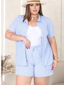 Women's Plus Size Short-Sleeved Shirt + Shorts Set - Beachwear - Xanh và trắng - Xem 5