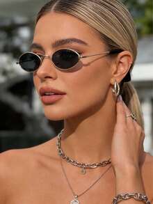 1pc Oval Metal Fashion Glasses, Metal Frame, Suitable For Daily Wear - Gold - View 3