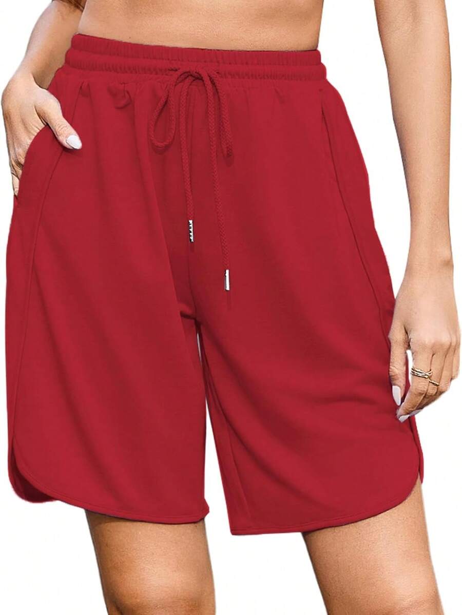 Quenteen Women's Sweat Shorts Bermuda Long Shorts Athletic Casual Loose Cotton Shorts (Available In Plus Size)A Valentine's Day 46QM - 9吋紅色 - 查看 1