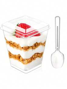 Square Transparent Ice Cream Mousse Cup With Lid, Plastic Dessert Cup, Pudding Cup, Suitable For Cafe, Snack Bar, Buffet, Home, Kitchen, Baking Party, Can Hold Pudding, Cheesecake, Mousse, Jelly, Etc. - Multicolor - View 1