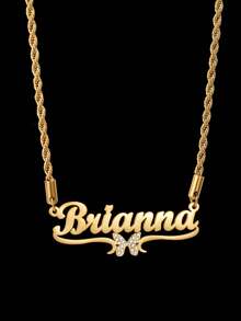 1pc Personalized Zirconia Necklace, Customized Necklace, Heart, Butterfly, Crown, Different Styles To Choose From, Inlaid Zirconia Necklace, Gold Nameplate Personalized Customized Jewelry Necklace, As A Valentine's Day Gift, Mother's Day Gift - Gold - View 18