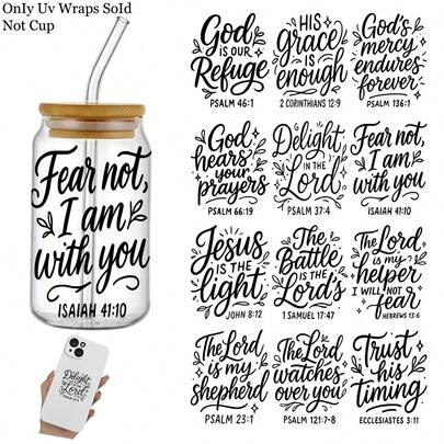 4pcs Black Minimal Christian Bible Quote UV DTF Transfer Stickers, Bible Verse High-Viscosity Self-Adhesive Decals For DIY Crafts, Cups, Bottles, Computers & Home Decor- Furniture, Glass, Metal, Ceramic, Plastic Surfaces, Festive Decor
