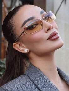 1pc Frameless Oval Y2K Style Fashion Glasses For Women, Suitable For Daily Wear, Street Style, Vacation, Summer Beach Accessory - Brown - View 2
