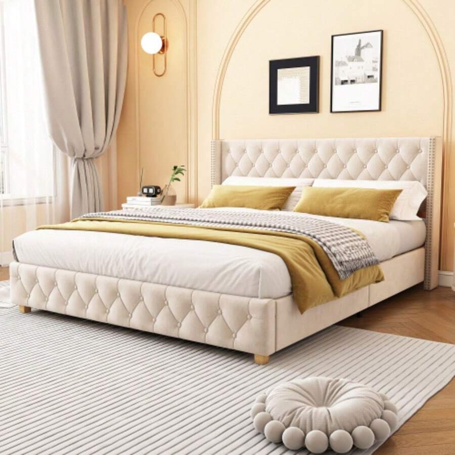 Bed With Storage Compartment And Drawers, Velvet Upholstery, Tufted Bed, Slatted Base, Double Bed, Large Storage Space - 米色 - 查看 1