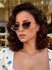 1pc Metal Half-Frame Semi-Round Retro Fashion Glasses , Versatile Suitable For Daily Wear, Driving, Street Photography, Vacation, Beach, Back To School Cat Eye Style - Gold Frame Brown - View 1