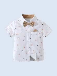 BOARNSEORL 2pcs Young Boys Gentleman Outfit - Short Sleeve Shirt With Bow Tie And Khaki Suspender Shorts, Fashionable & For Birthday Party, Formal Occasions - Khaki - View 6