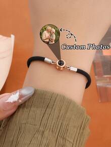 1pc Customized Hollow Projection Bracelet, Stainless Steel Round Photo Bracelet With Extension Chain, Christmas Gift, Red Fashion, Autumn Fashion, Casual, Minimalist, Unisex, Fashion, Colorful, Retro, Minimalist, Unisex, Casual, Cute, Customized, Personalized, Unique, Ideal Gift For Him, Ideal Gift For Her, Boyfriend, Girlfriend, Dad, Mom, Family, Friends, Anniversary, Birthday, Graduation, New Year Charm - Model 3 - View 3