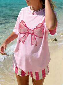 1件少女仿蕾丝蝴蝶结印花短袖T恤，学生休闲装，夏季上衣，适合女孩玩耍 - 粉色 - 查看 3