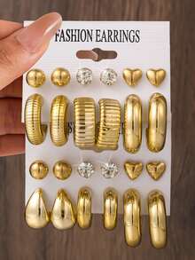 24件/12件女士几何耳环套装，优雅简约风格，心形/水滴形/C形/球形设计，镶嵌闪亮水钻，适合日常/派对/约会/度假等各种场合。