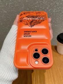 Never Stop Exploring Inspirational Slogan Design, Fashionable Down Jacket Texture Orange Phone Case Compatible With IPhone, Perfect Birthday Or Holiday Gift For Boys And Girls - Orange - View 5