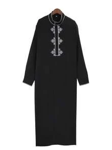 White Embroidered Long Sleeve Stand Collar Ramadan Men's Robe, Traditional Saudi Arabian Men's Clothing, Suitable For Festivals, Ramadan Men's Clothing Gift - Black - View 2