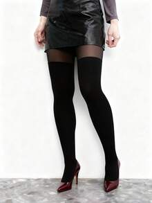 1pc Women's Pantyhose Black Patchwork Tights, Sexy Casual Ladies Stockings - Black - View 6
