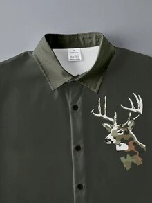 Men's Outdoor Hunting Style Deep Green Long Sleeve Shirt, Camouflage Sleeve Deer Head Print Patchwork Design, Suitable For Outdoor Hunting, Casual, Commuting, Gathering With Friends In Spring And Autumn - Dark Green - View 3