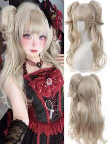 Long Wavy Lolita Layered Wig With Double Ponytail Synthetic Lolita Wig With Bangs Girl Blonde Black Cosplay Halloween Christmas Harajuku Wig 65cm - Multicolor - View 1