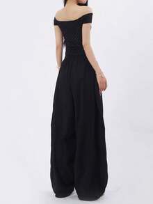 女士涤纶阔腿裤，带抽绳和口袋，无弹力 - 黑色 - 查看 2