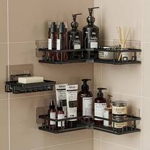 Modern Style Corner Shower Rack, Corner Bathroom Shelf, 3-Piece Sticky Rust-Proof Stainless Steel Shower Rack With Soap Dish, No Drilling Required For Shower Storage, Suitable For Dormitories And Rental Bathroom Storage Shelves, Black. - 黑色 - 查看 7