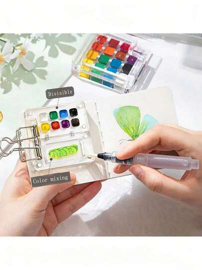 1 pieza Caja de pintura de acuarela mini de 8/15 pocillos, paleta portátil para pintar, dibujar, viajar