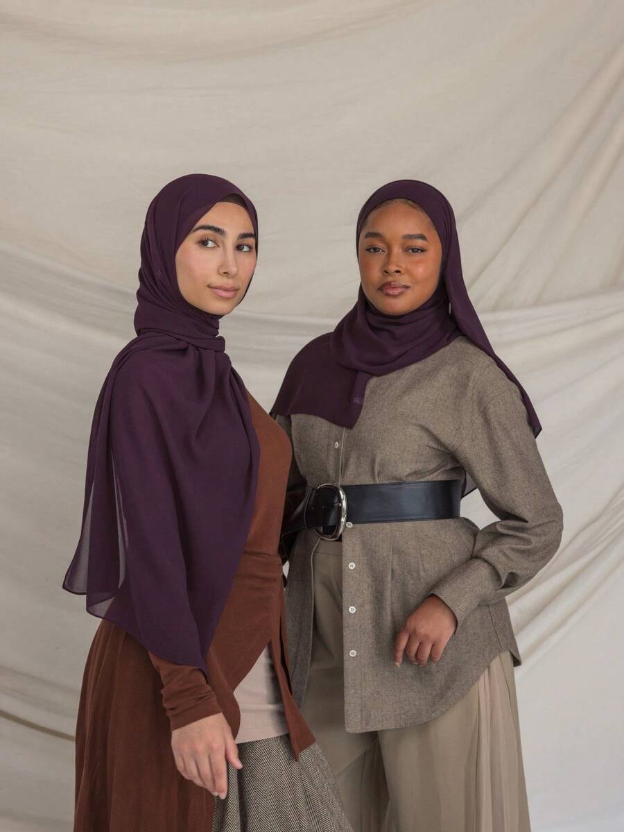1 pieza Nuevo pañuelo/hijab elegante y de moda de color liso de gasa - Morado - Ver 1