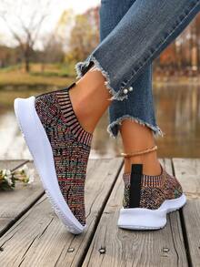 女士针织弹力套脚休闲运动鞋，简约百搭轻便舒适软底袜套鞋，网眼透气防滑跑步鞋 - 彩色 - 查看 6