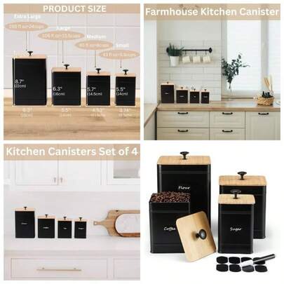 Kitchen Canisters, Canister Sets Kitchen Counter, Farmhouse Kitchen Canisters Countertop Set Of 4, Coffee Tea Sugar Flour Spice Tin Jars Food Storage Container With Lid Black