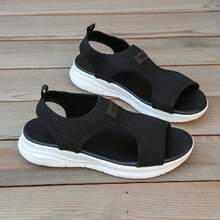 女士透气针织凉鞋，厚底休闲露趾鞋，多功能户外沙滩鞋，适合日常通勤 - 黑色 - 查看 9