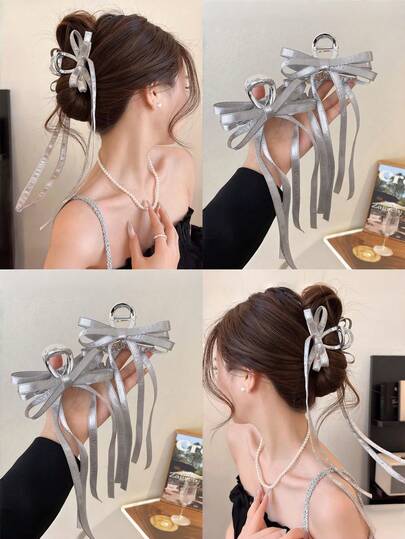 2pcs Women's Silver Ballet Bun Claw Clips With Long Ribbon Bow, Versatile Hair Clips For Ponytail, Bun, Everyday Use Fashin Hair Accessories Elegant Hair Claws