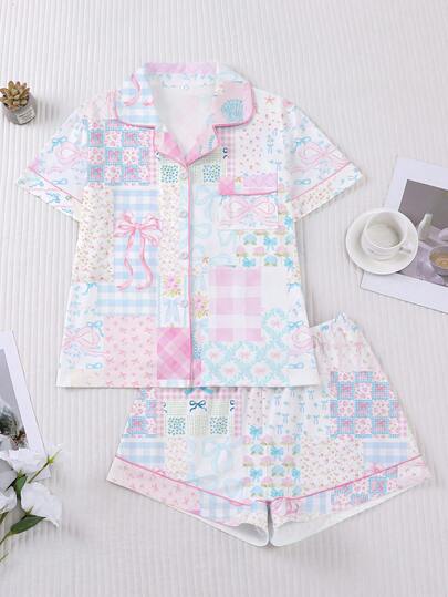 HOREA Conjunto de pijama casual de 2 piezas con estampado floral a cuadros para mujer, top de manga corta con cuello cómodo y shorts de cintura elástica, adecuado para estar en casa, dormir, fiestas, todo el año