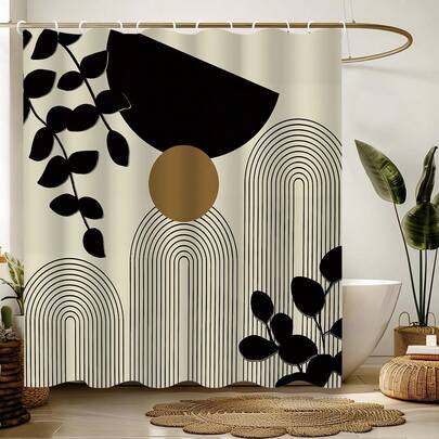 Abstract Geometric Minimalist Shower Curtain Set, Modern Leaf Pattern - Waterproof Polyester Material, Includes 12 Plastic Hooks - Machine Washable, Woven Curtain, Artistic Inspired Design, Bathroom Decor Accessory For Autumn, Back To School Essential