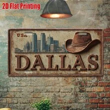 2D Flat - 1 Retro Metal Dallas City Skyline Sign |   2D Flat Print, Aluminum Outdoor Wall Art, 12" * 6", Perfect For Living Room, Office, Bar Decoration, Gift For Urban Explorers And USA Enthusiasts CP - A - View 5