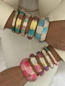 1件糖果色珐琅质感合金手镯，适合女性日常通勤、朋友聚会、浪漫节日、街拍、时装秀等场合佩戴（手镯的纹理和颜色可能与实物略有不同） - 彩色 - 查看 3