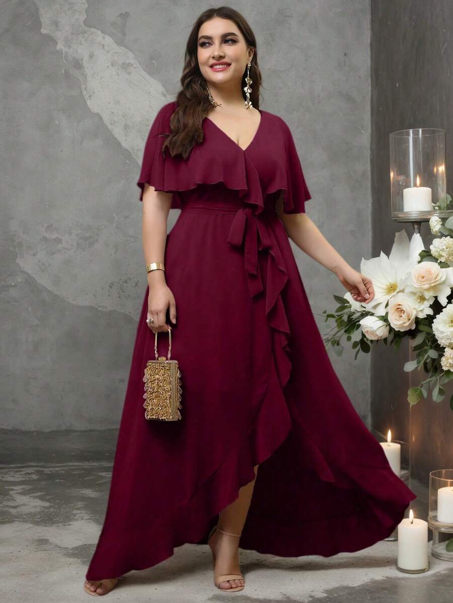 UNITHORSE Plus Size V-Neck Ruffle Trim Chiffon Bridesmaid Dress - Burgundy - View 1