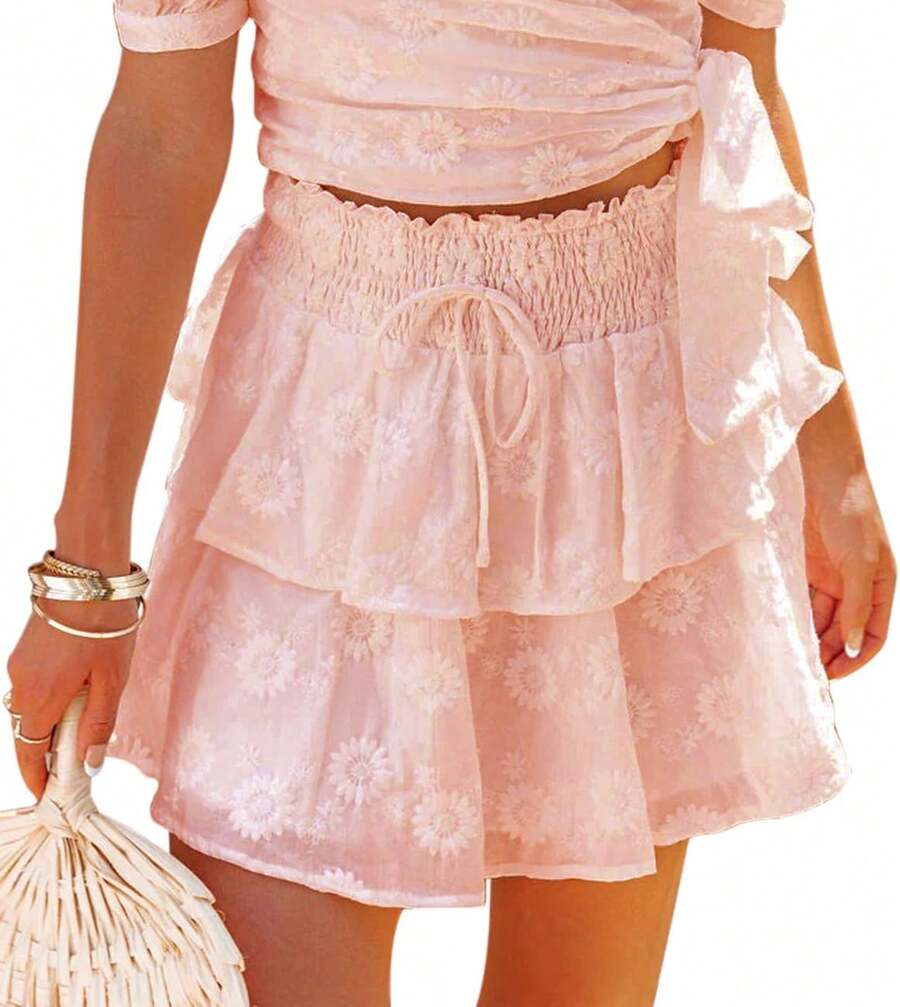 Flowy Shorts Women Casual Boho Ruffle Tiered Skorts Lace Skirts Coastal Country Concert Vacation Beach OutfitsA Valentine's Day PAQB - G桃 - 查看 1